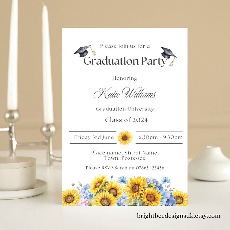 Printable Graduation Party Invitation Template, Editable Sunflower ...