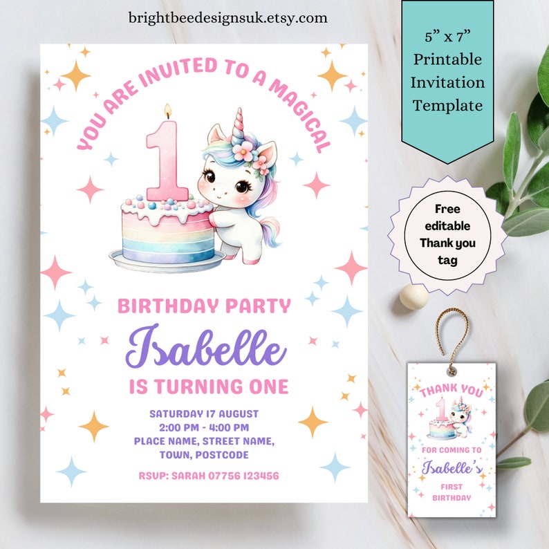 Printable Unicorn 1st Birthday Party Invitation Template Girls First ...