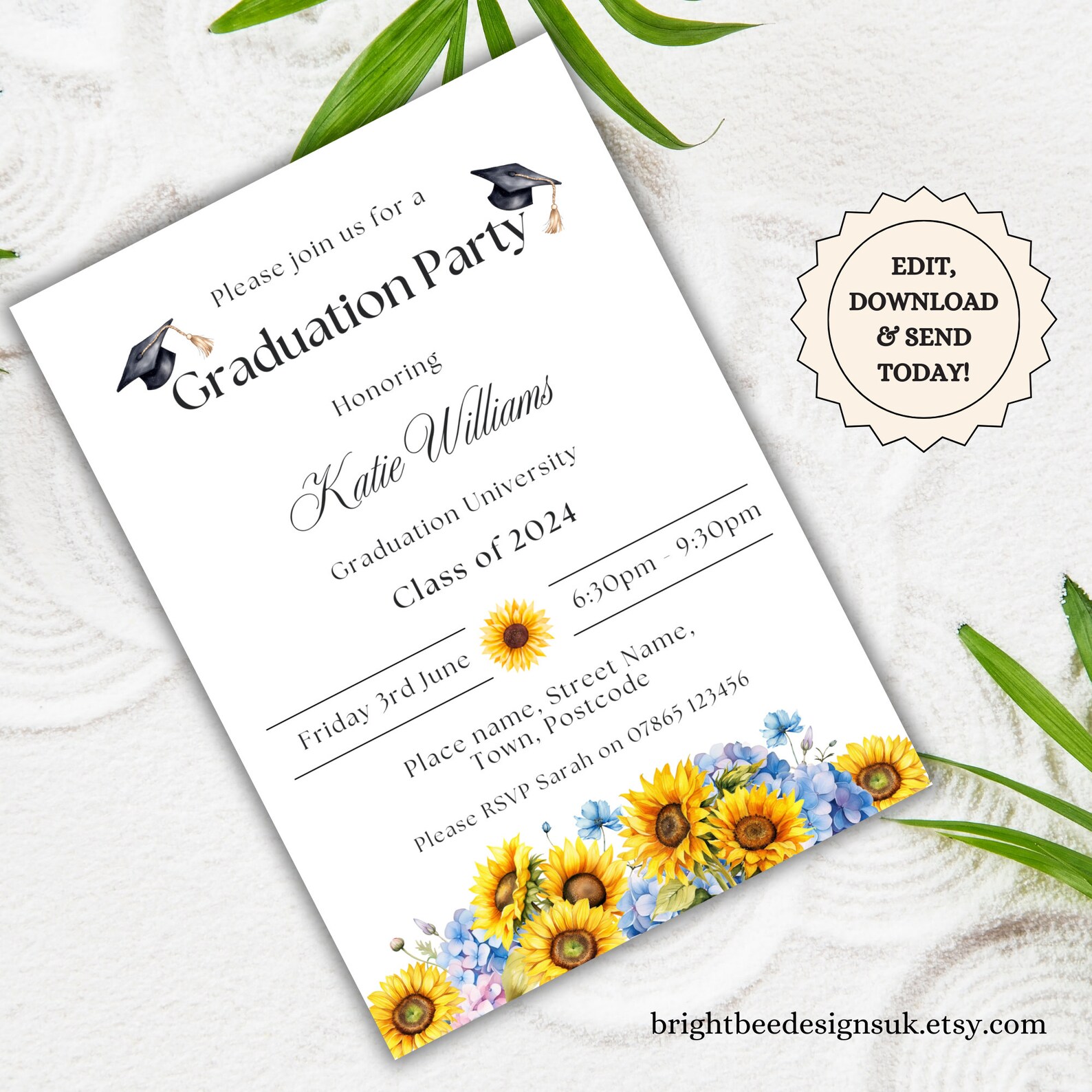 Printable Graduation Party Invitation Template, Editable Sunflower ...