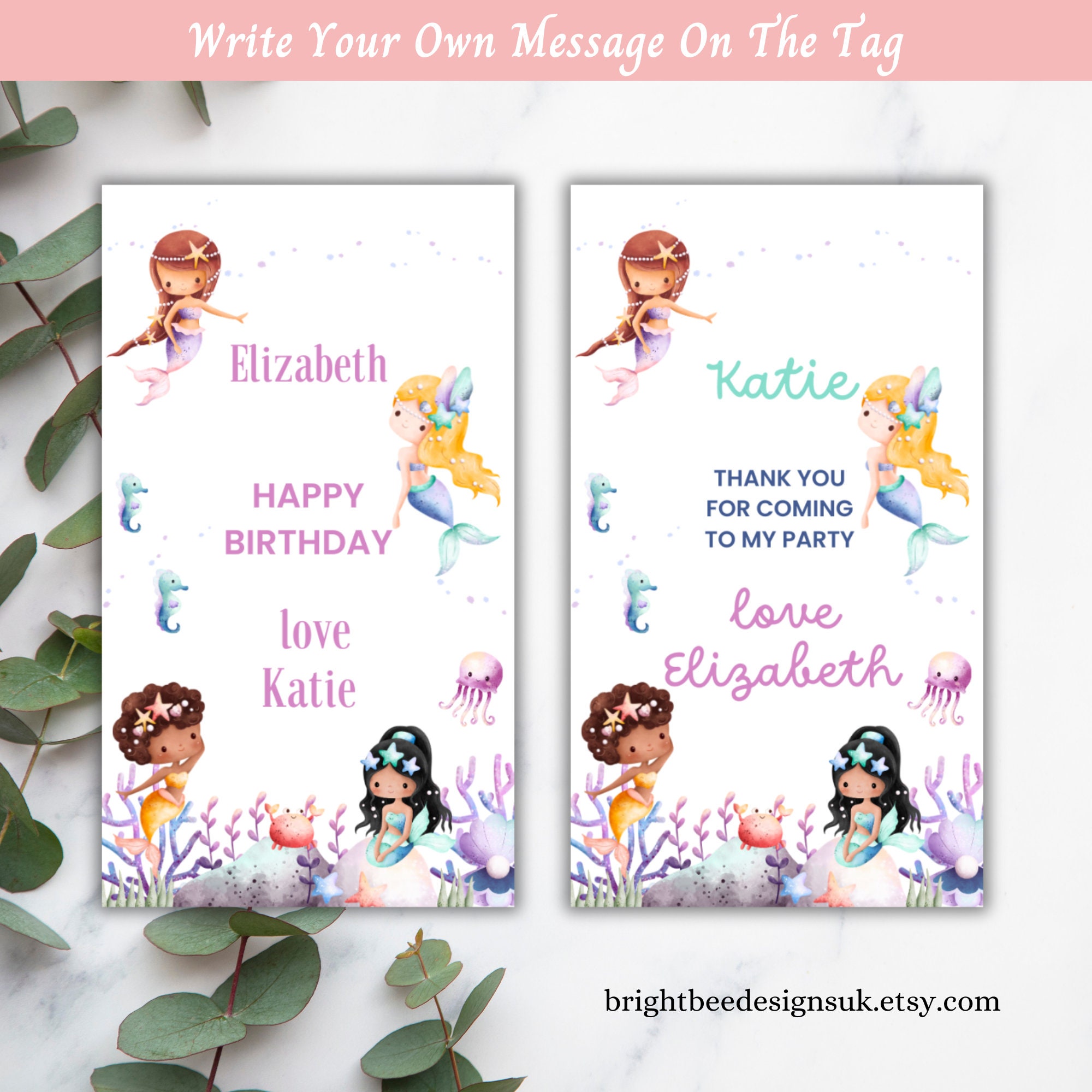 Printable Mermaid Birthday Party Favor Thank You Tags, Editable Kids Mermaid Gift Tags, Under ...