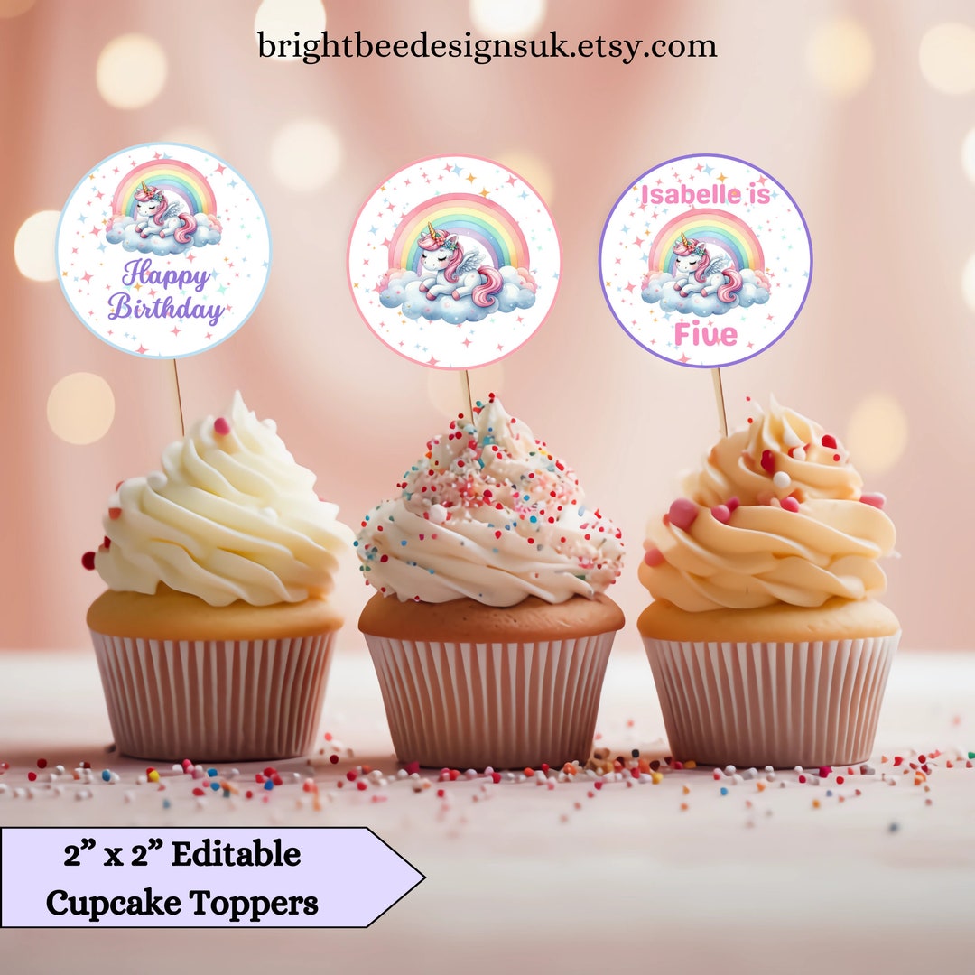 Printable Unicorn Cupcake Topper Editable Kids Birthday Rainbow Unicorn ...