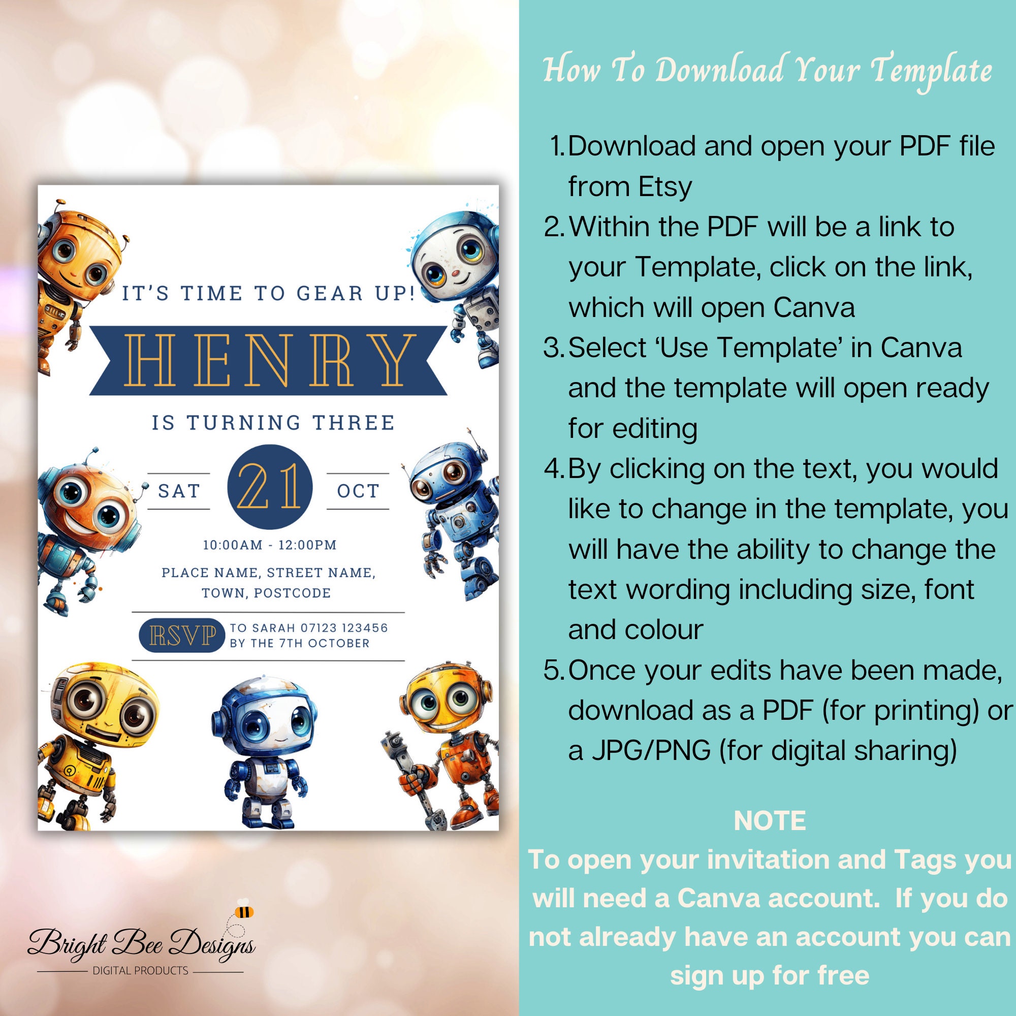 Editable Robot Birthday Invitation, Robot Party Invite, Printable Birthday Party Invitation ...