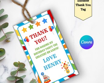 Printable Circus Birthday Party Favor Thank You Tags, Editable Kids Circus Gift Tag, Carnival Tags, Kids Birthday Tags, Instant Download