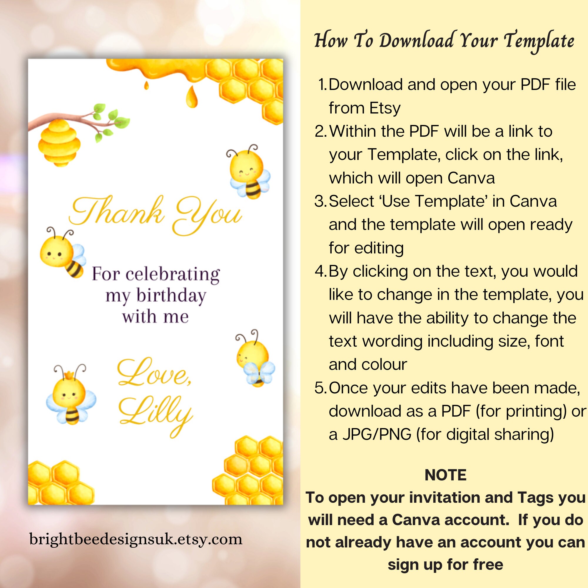 Bee Thank You Gift Tag, Printable Kids Birthday Party Favor Tag, Honey ...