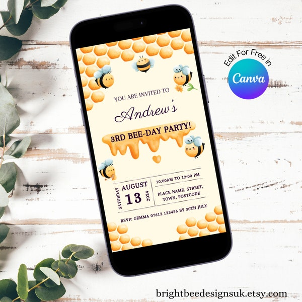 Bee Electronic Invitation,Bee Day Invitation Digital,  Honey Bee Kids Birthday Mobile Invitation, Happy Bee Day Evite,Children Phone Invite