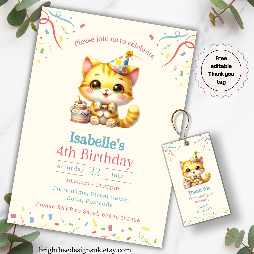 Editable Cute Cat Birthday Party Invitation Template, Girls Kitten ...