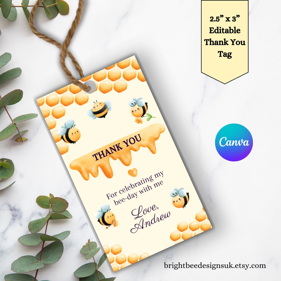 Printable Honey Bee Thank You Tag, Kids Birthday Party Favor Gift Tag ...