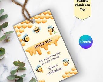 Printable Honey Bee Thank You Tag, Kids Birthday Party Favor Gift Tag, Bee Party Bags Tags, Editable Instant Download, Personalised Tag