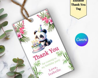 Etiqueta de agradecimiento de panda imprimible, etiqueta de regalo de favor de fiesta de cumpleaños de niñas, etiquetas de bolsos de fiesta de animales, descarga instantánea editable, etiqueta de panda personalizada