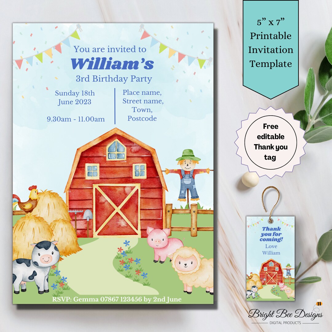 Editable Farm Invitation, Farm Birthday Party Invitation Template for ...