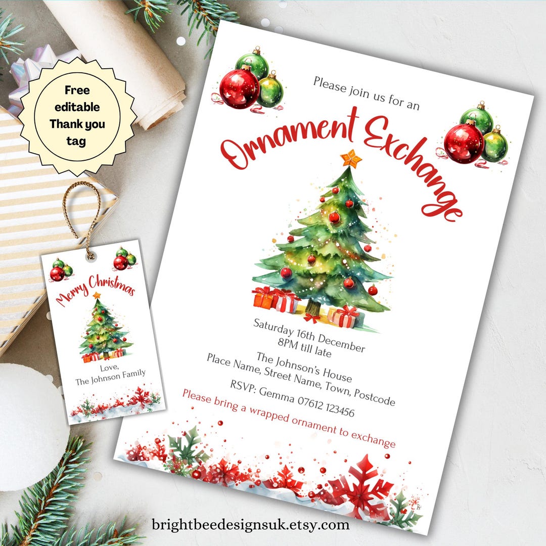 Printable Ornament Exchange Party Invitation, Editable Christmas Tree Gift Swap Holiday Invite, Festive Celebration Instant Canva Template - Etsy printable-ornament-exchange-party-invitation-editable-christmas-tree-gift-swap-holiday-invite-festive-celebration-instant-canva-template-etsy