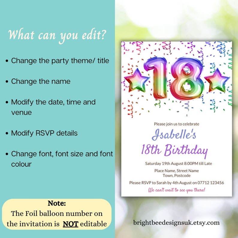 18th Birthday Invitation Template, Eighteenth Birthday Rainbow Party ...