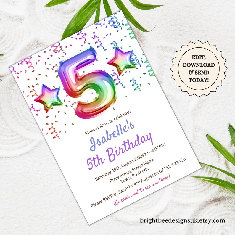 Printable 5th Birthday Invitation, Customisable Rainbow Balloon Fifth ...