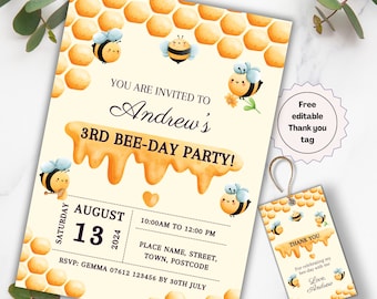 Honey Bee Birthday Party Invitation Template, Editable Bee Party Invite Printable Bee Birthday Invitation Happy Bee Day Instant Download Bee