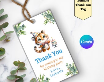 Printable Tiger Thank You Tag, Kids Birthday Party Favor Gift Tag, Animal Party Bags Tags, Editable Instant Download, Personalised Tiger Tag