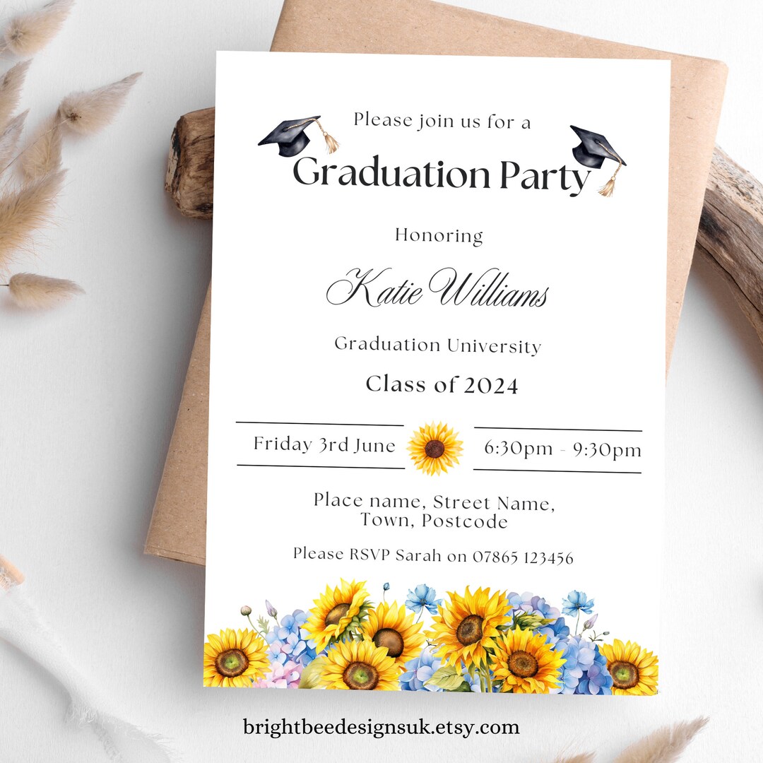 Printable Graduation Party Invitation Template, Editable Sunflower ...