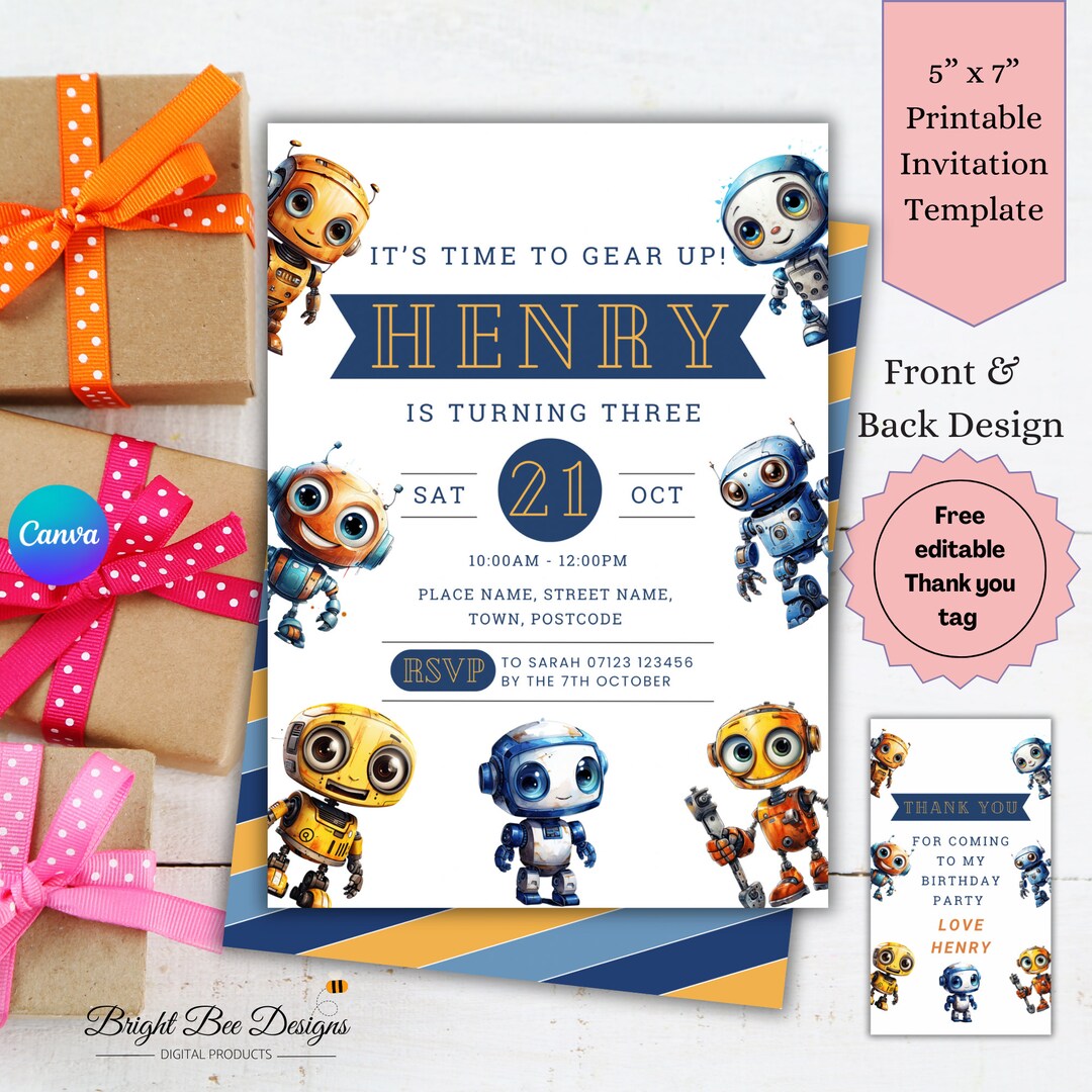 Robot Birthday Invitation. Robot Party Invitation Instant Etsy