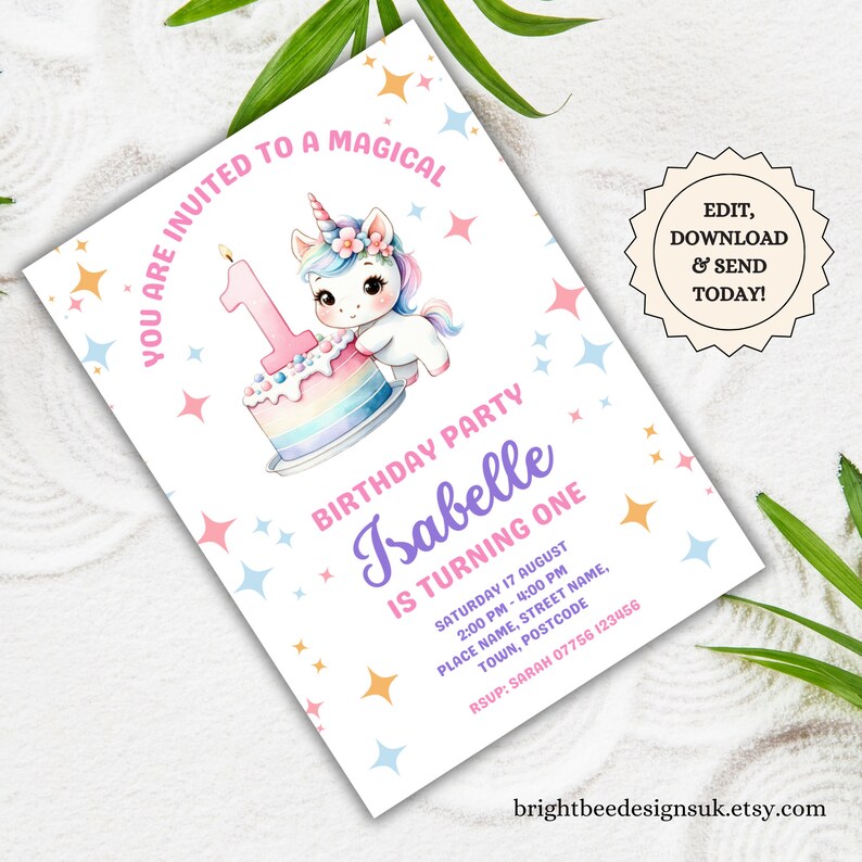 Printable Unicorn 1st Birthday Party Invitation Template Girls First ...