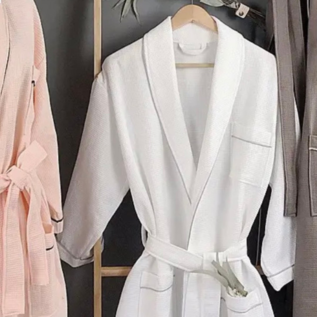 White Waffle Robe With White Piping 100 Cotton Unisex Etsy