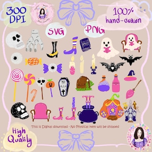 Halloween Clipart Set | Cute Spooky Digital PNG SVG | Ghost Pumpkin Candy Witch Hat Bat Skull Hand Drawn Halloween Stickers