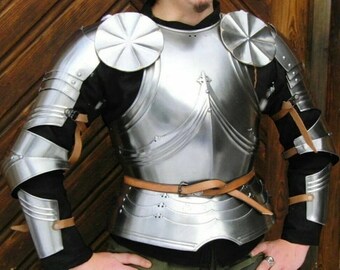 Traje de armadura corporal de caballero gótico medieval, acero calibre 18, Larp Crusader, traje de caballero usable, armadura del siglo XV, artículo de regalo de armadura alemana de combate