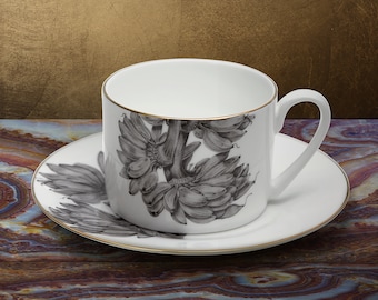 Cappuccino Cup and Saucer -  Hand-decorated, Coffee Lovers Gift, Floral print - Fine Bone China