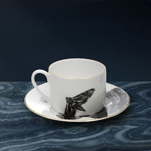Iris Coffee Cup & Saucer - Handcrafted, Floral Fine Bone China, Gift for Her - Produced in the UK