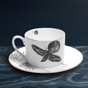 Fern and Butterfly Tea Cup & Saucer - Handcrafted, Coffee Lover Set, Wedding Gift, Anniversary - Fine Bone China