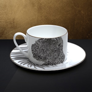 Leopard Fine Bone China Teacup and Saucer - Produced in the UK - Hand Decorated