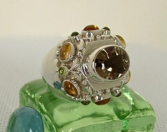 Superbe Bague en Argent sertie de Quartz Fumé,Citrine et Péridot.Bijou Argent Rare.Faite Main.Argent 925 Sterling.Argent Massif.Somptuosité.