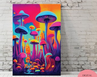 Mushroom Fields, Mushroom Decor, Hippie Wall Art, Colorful Art, Colorful Mushroom Art, Trippy Wall Art, Wall Print Digital Download, Indie