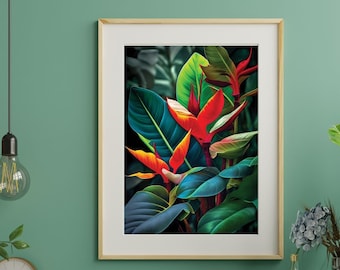 Impresión artística de plantas tropicales, decoración de pared vívida, póster botánico, decoración ecléctica para el hogar, hojas tropicales vibrantes, decoración de pared bohemia y elegante, arte tropical exuberante