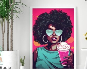Arte pop de pared, arte pop de cómic, arte digital de mujeres, arte imprimible, arte de batidos, arte pop de cabello rizado, decoración de pared maximalista, vibraciones de verano