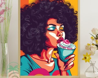Arte pop de pared, arte pop de cómic, arte digital de mujeres, arte imprimible, arte, arte pop de cabello rizado, decoración de pared maximalista, vibraciones de verano, amante del café con leche