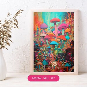 Retro Psychedelic Mushroom Art Print | Groovy Fungi Wall Poster | Boho Maximalist Decor Colorful Retro Mushroom Art Psychedelic Fungi Print
