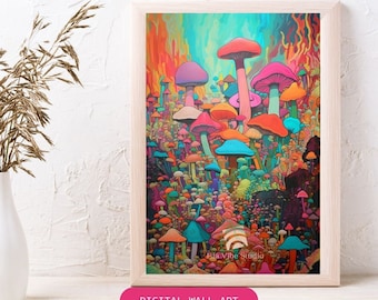Retro Psychedelic Mushroom Art Print | Groovy Fungi Wall Poster | Boho Maximalist Decor Colorful Retro Mushroom Art Psychedelic Fungi Print