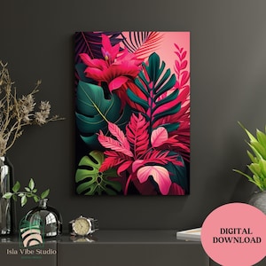 Tropical Leaves, Prints, , Pink Poster, Vivid Color, Living Room Decor, Printable Floral Wall Art, Eclectic Home Decor, Palm Tree