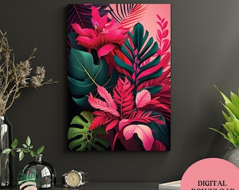 Tropical Leaves, Prints, , Pink Poster, Vivid Color, Living Room Decor, Printable Floral Wall Art, Eclectic Home Decor, Palm Tree