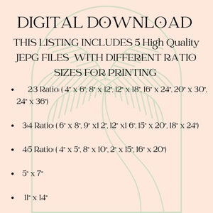 May include: Digital download listing details 5 high-quality JPEG files with different ratios and sizes for printing. Sizes include 4" x 6", 8" x 12", 12" x 18", 16" x 24", 20" x 30", 24" x 36", and more.