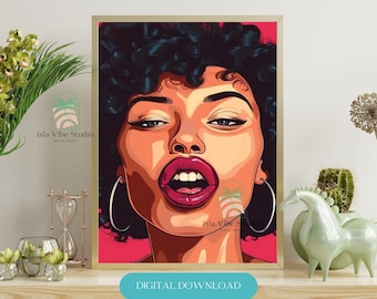 Pop Art Woman, Curly Hair Latina, Latina Art, Pop Color, Aesthetic Poster, Latino Art  Trendy Prints, Eclectic Home Decor, Room Decor