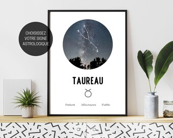 Póster del signo astrológico Tauro en francés, Póster personalizado para imprimir, Regalo de cumpleaños o nacimiento, Astrología, Zodíaco