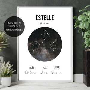 Soleil Lune Ascendant Signe astrologique Affiche personnalisée en français, Affiche à imprimer, Cadeau anniversaire personnalisé, Astrologie