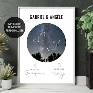 Póster personalizado de signo astrológico en francés, póster imprimible, regalo personalizado para pareja, idea de regalo de aniversario, astrología