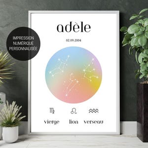 Soleil Lune Ascendant Signe astrologique Affiche personnalisée en français, Affiche à imprimer, Cadeau anniversaire personnalisé, Astrologie