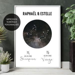 Póster personalizado de signo astrológico en francés, póster imprimible, regalo personalizado para pareja, idea de regalo de aniversario, astrología