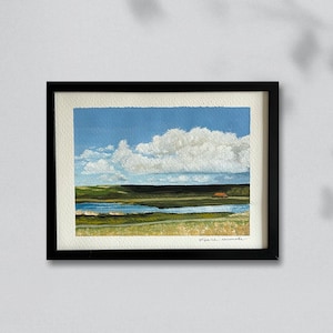 Summer Landscape Small Original Gouache Painting, Scenery Wall Art, Framed Artwork