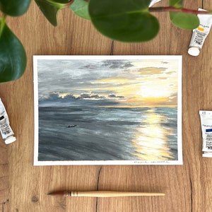 Original Gouache Seascape Painting, Landscape Art, Seascape Wall Decor, Nature Artwork, Vibrant Sunset Painting