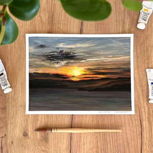 Vibrant Sunset Original Gouache Painting, Landscape Art, Seascape Wall Decor, Nature Artwork