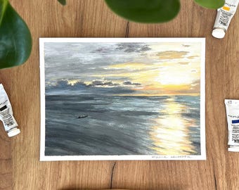 Origineel zeegezicht met gouache: levendig kunstwerk bij zonsondergang