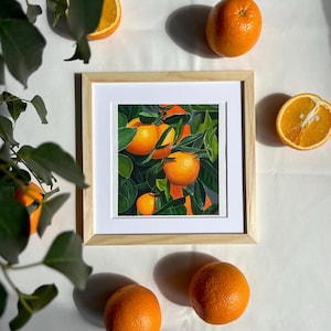 Oranges Gouache Framed Painting, Oranges with Green Leaves, Art for Home, Home Decor, Kitchen Decor, Still Life Fruit
